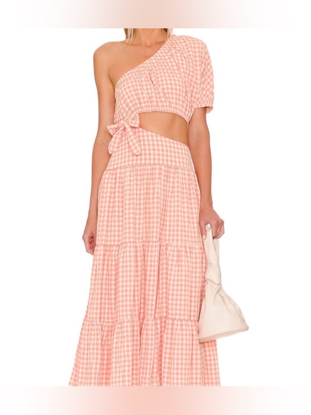 MAJORELLE One-Shoulder Pink Gingham Maxi Dress